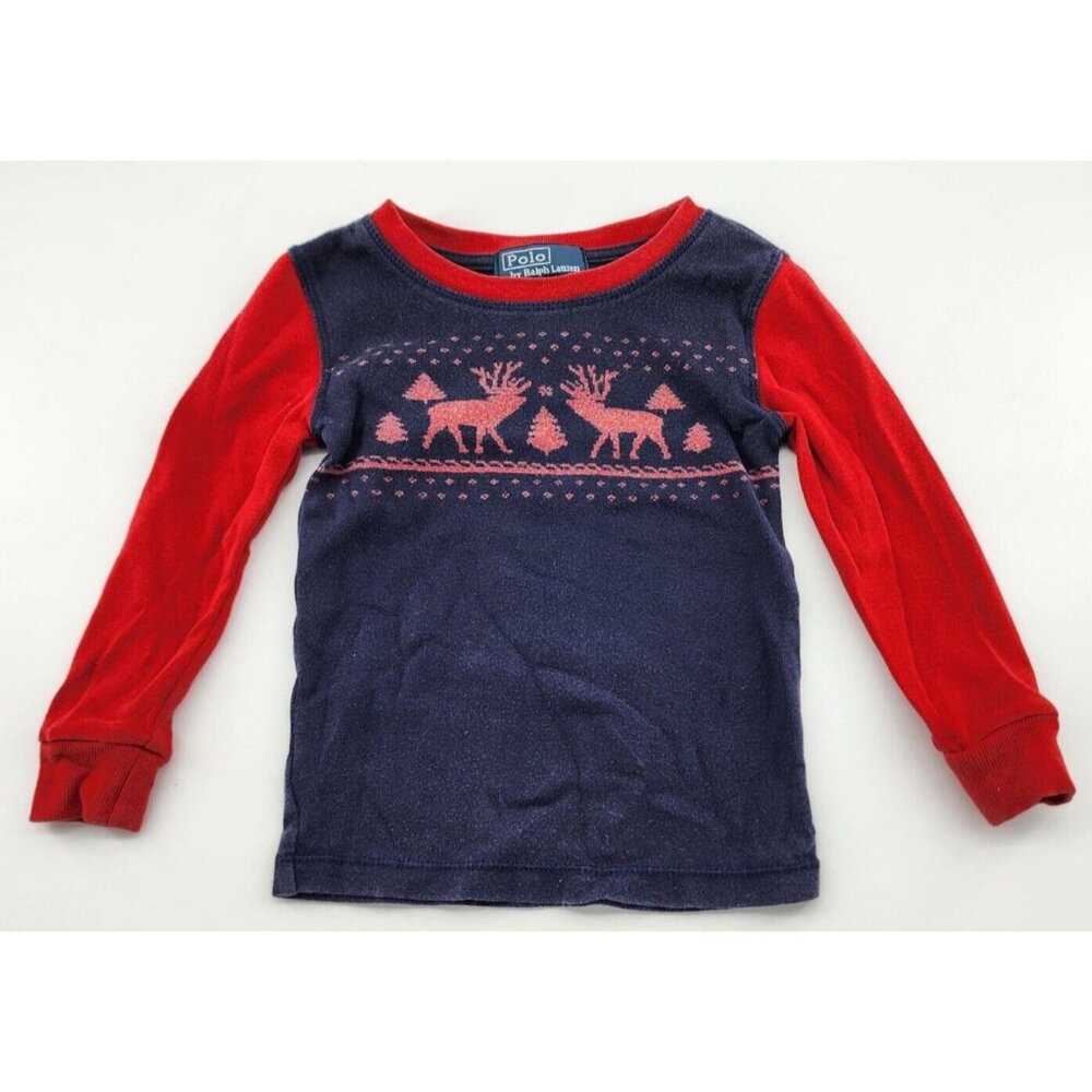 Polo Ralph Lauren Red Blue Christmas Reindeer Long Sleeve T Shirt Baby Size 18M